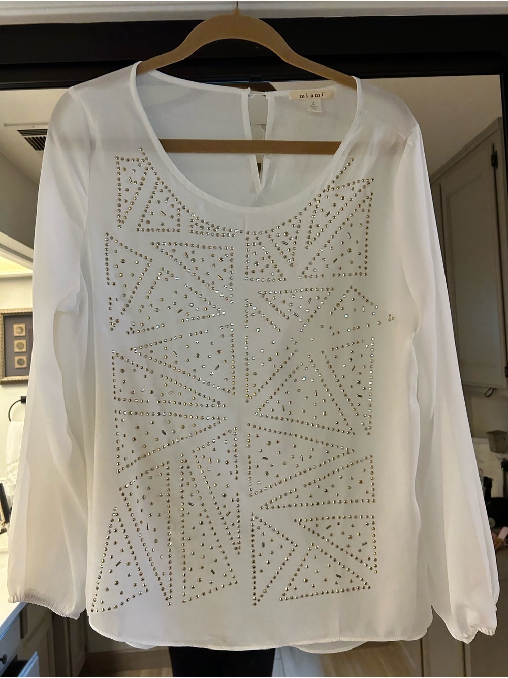 miami White Geometric Studded Long Sleeve Blouse